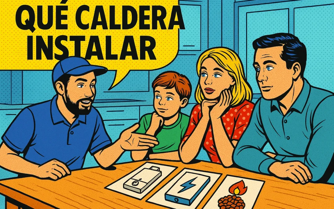 Técnico asesora a familia sobre qué caldera instalar en cocina moderna