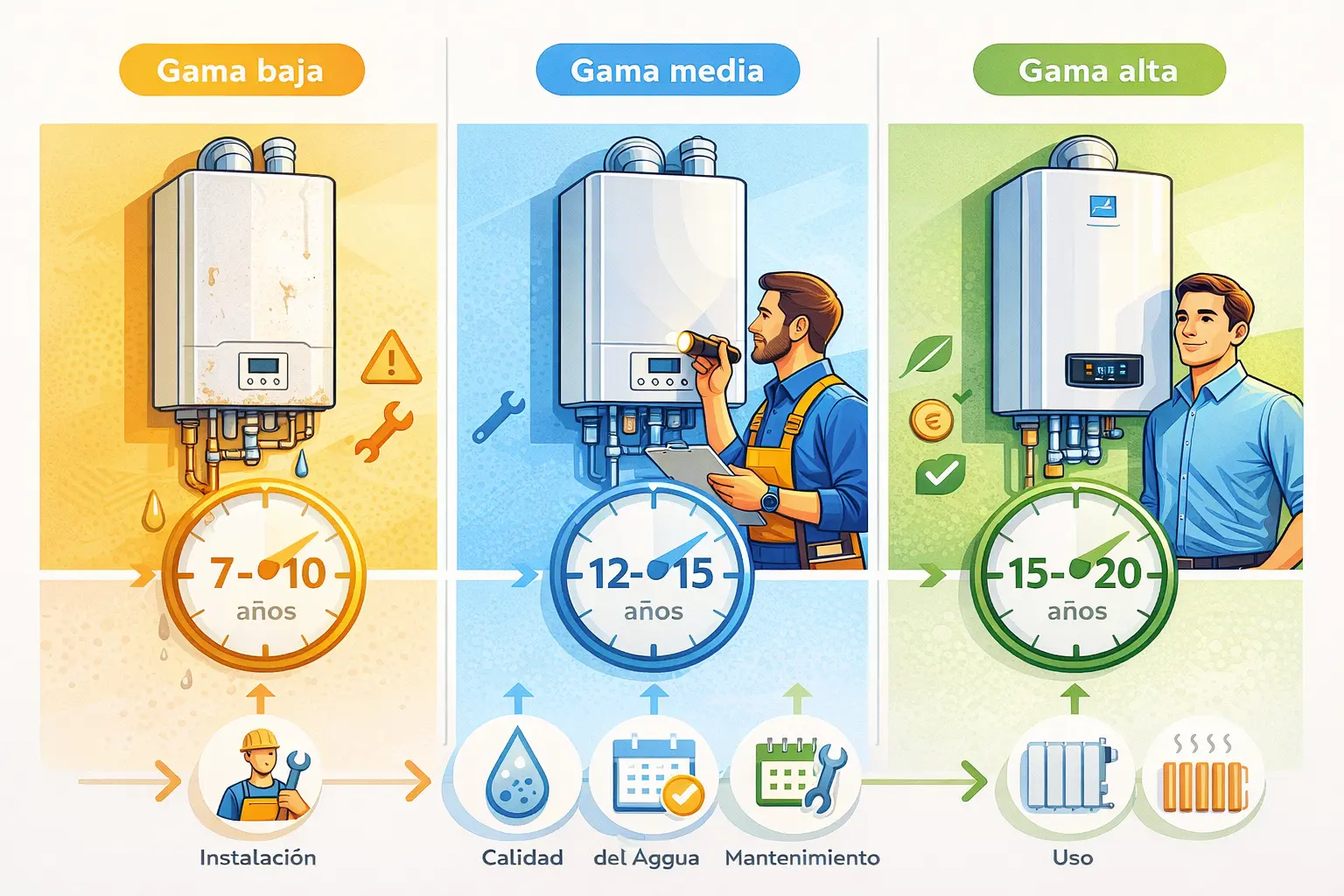 infografía comparativa de vida útil de calderas por gama