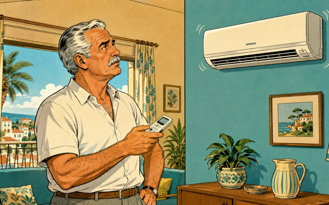 Aire acondicionado Hitachi vibra en un salón durante el verano