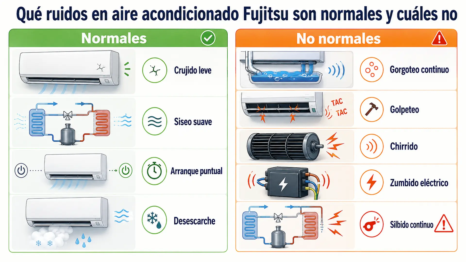 Ruidos en aire acondicionado Fujitsu: qué significa cada sonido Ruidos normales y no normales en aire acondicionado Fujitsu