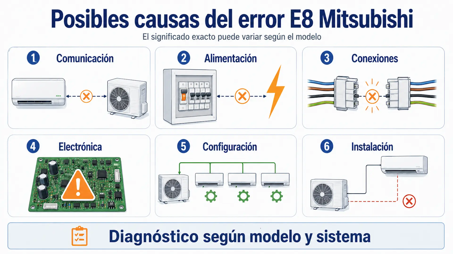 Error E8 en aire acondicionado Mitsubishi: qué hacer causas del error E8 en un aire acondicionado Mitsubishi.