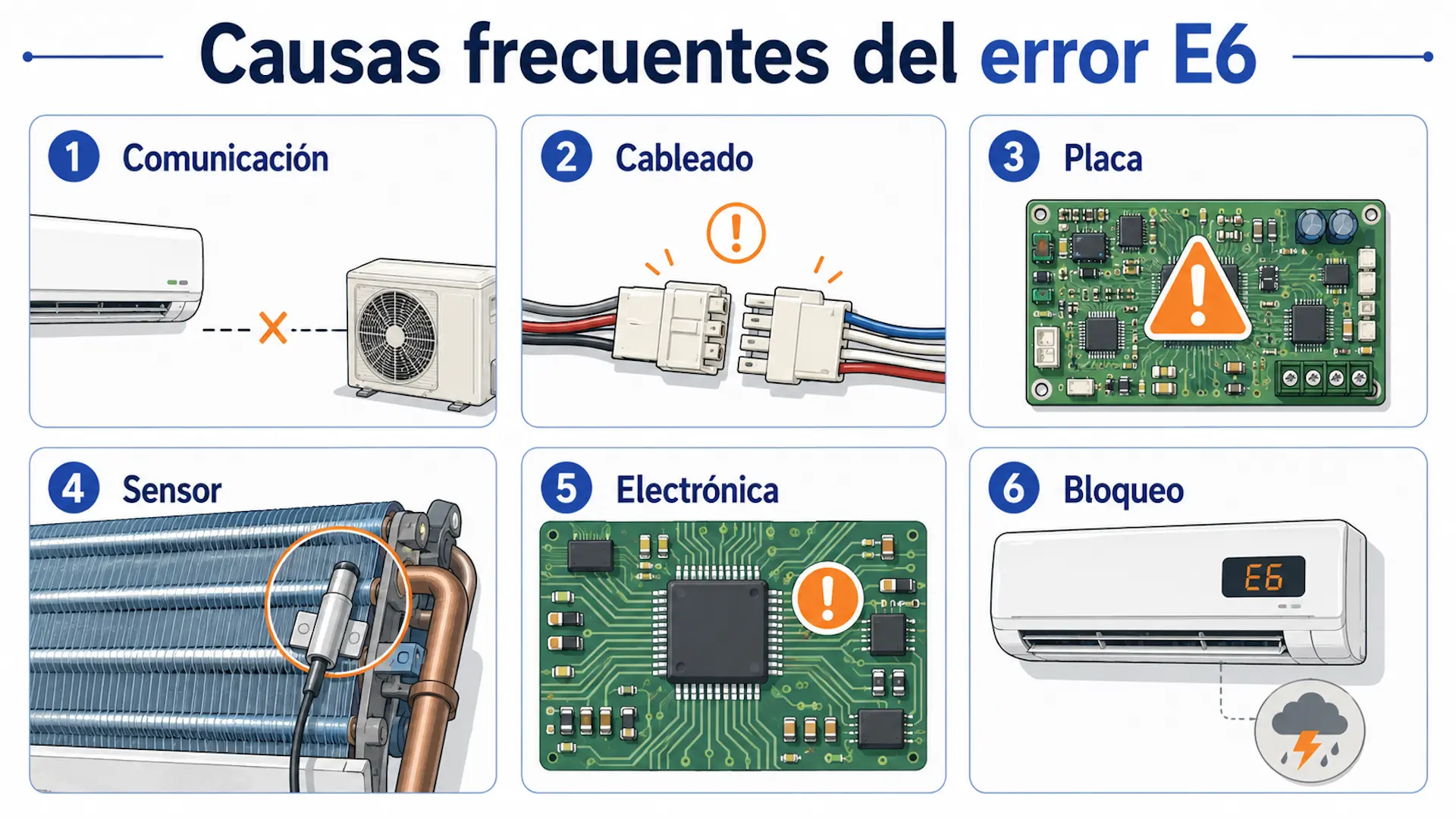 Infografía con las causas más frecuentes del error E6 en un aire acondicionado Mitsubishi.