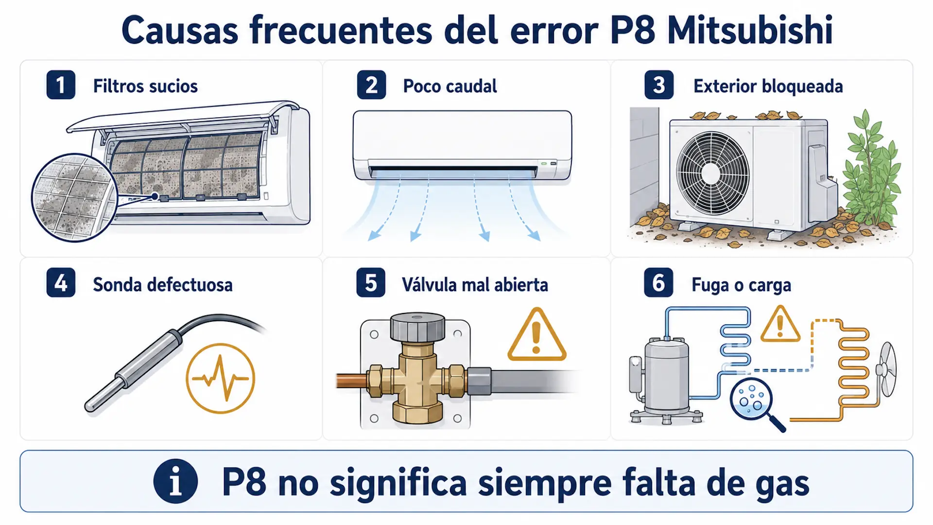 Error P8 en aire acondicionado Mitsubishi: qué hacer Causas habituales del error P8 en Mitsubishi