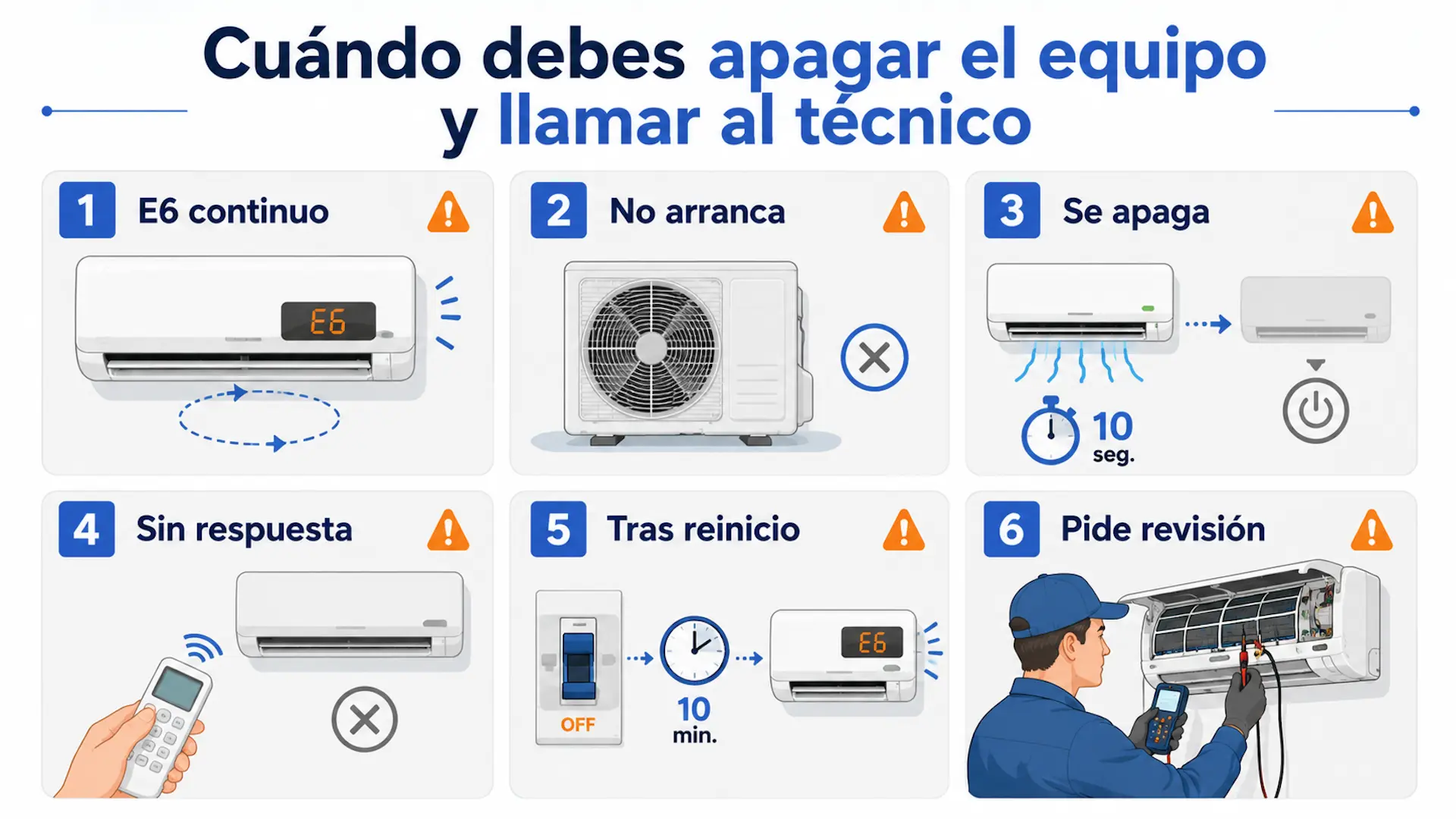 Infografía que muestra cuándo apagar el aire acondicionado Mitsubishi y solicitar una revisión técnica