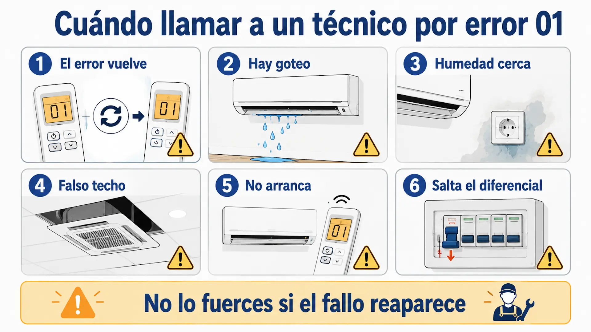 Error 01 aire acondicionado Hitachi: qué hacer Señales para llamar a un técnico por error 01 en Hitachi