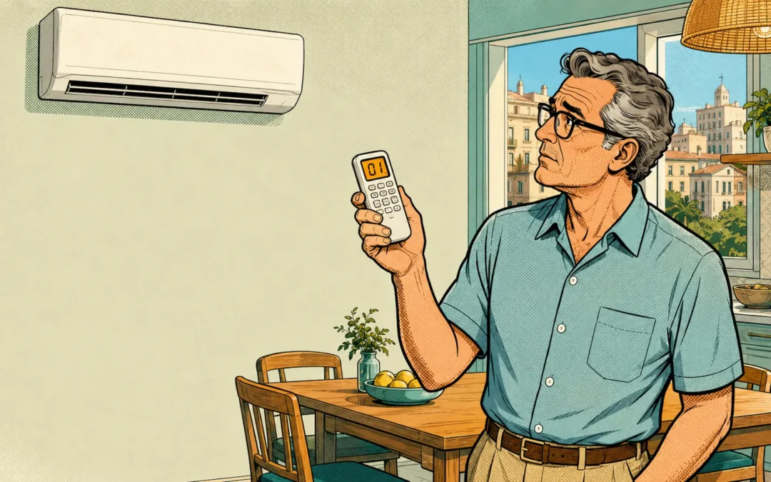 Hombre observando el error 01 en el mando de un aire acondicionado Hitachi