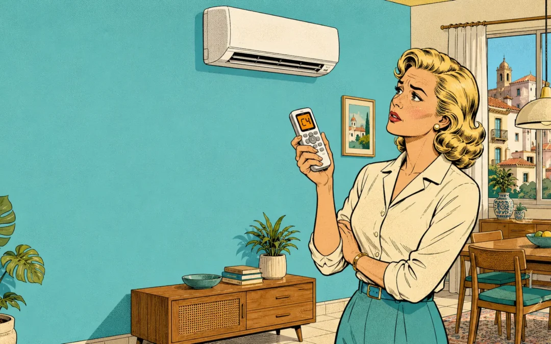 Mujer observando el error C4 en el mando de un aire acondicionado Daikin