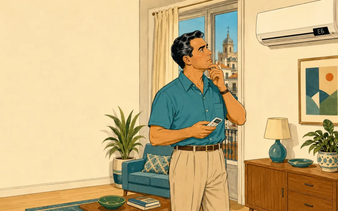 Hombre observando un aire acondicionado Mitsubishi con el código E6 en la pantalla del split.