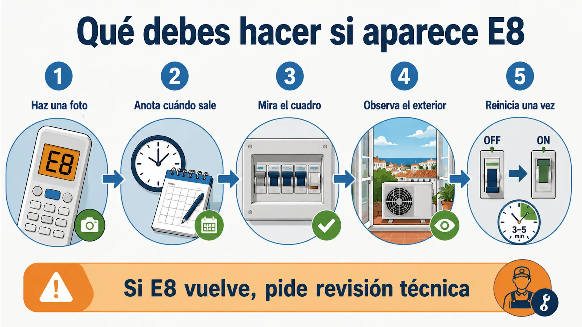 Error E8 en aire acondicionado Mitsubishi: qué hacer Pasos seguros para actuar cuando aparece el error E8 en un aire acondicionado.