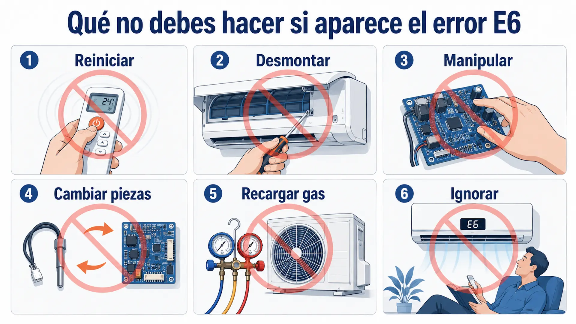 Infografía con los errores que conviene evitar cuando aparece el código E6 en un aire acondicionado Mitsubishi.