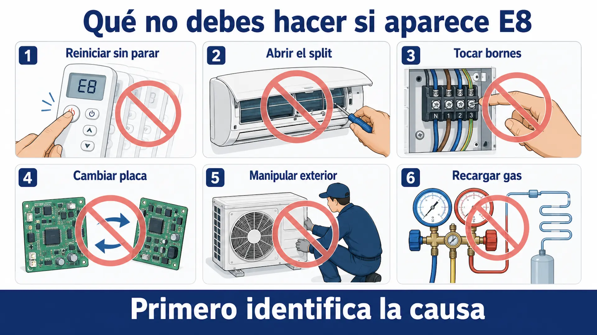Error E8 en aire acondicionado Mitsubishi: qué hacer Acciones que deben evitarse cuando un aire acondicionado muestra el error