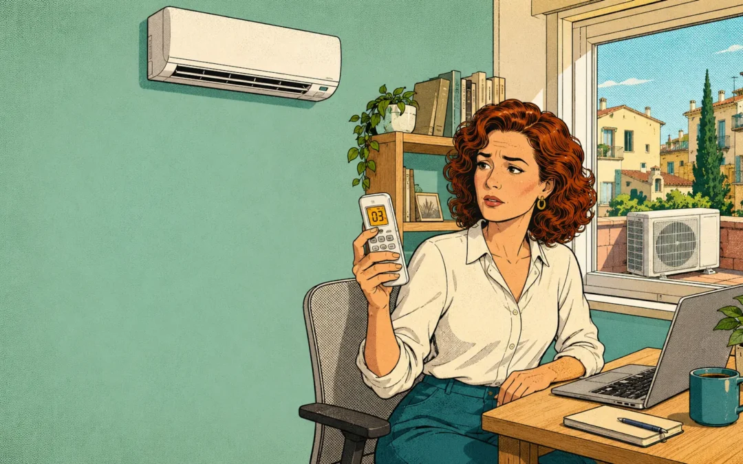 Mujer observando el error 03 en el mando de un aire acondicionado Hitachi