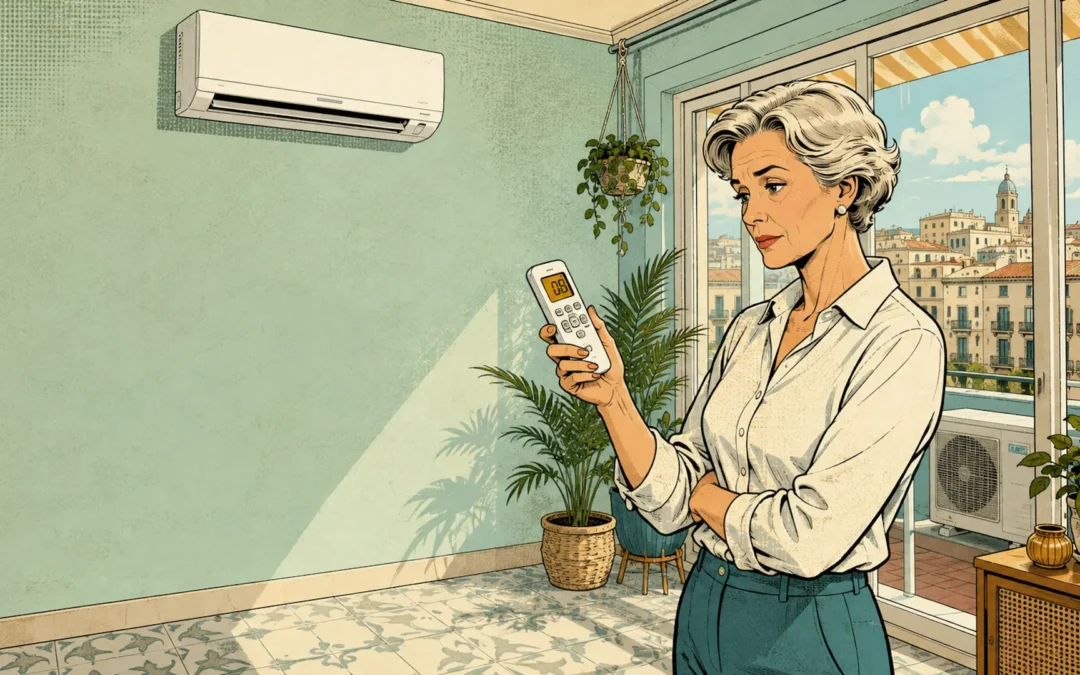 Mujer observando el error 08 en el mando de un aire acondicionado Hitachi