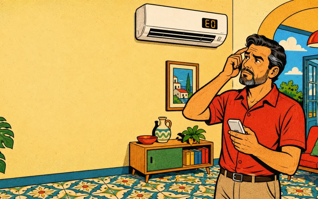 Hombre observando el código E0 en un aire acondicionado Fujitsu