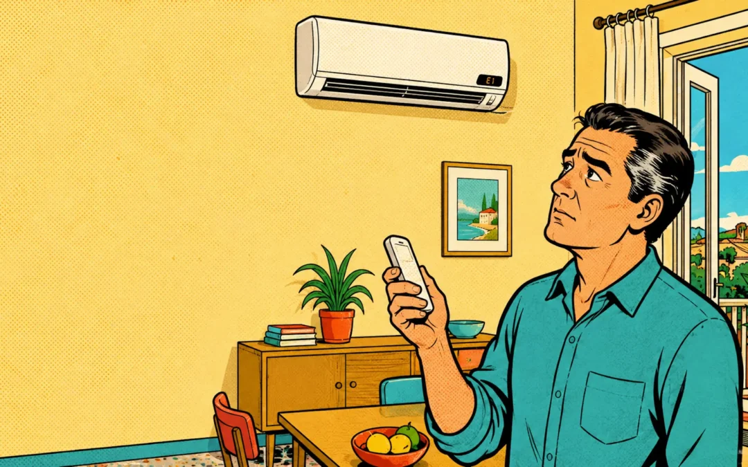 Hombre observando el código E1 en un aire acondicionado Fujitsu