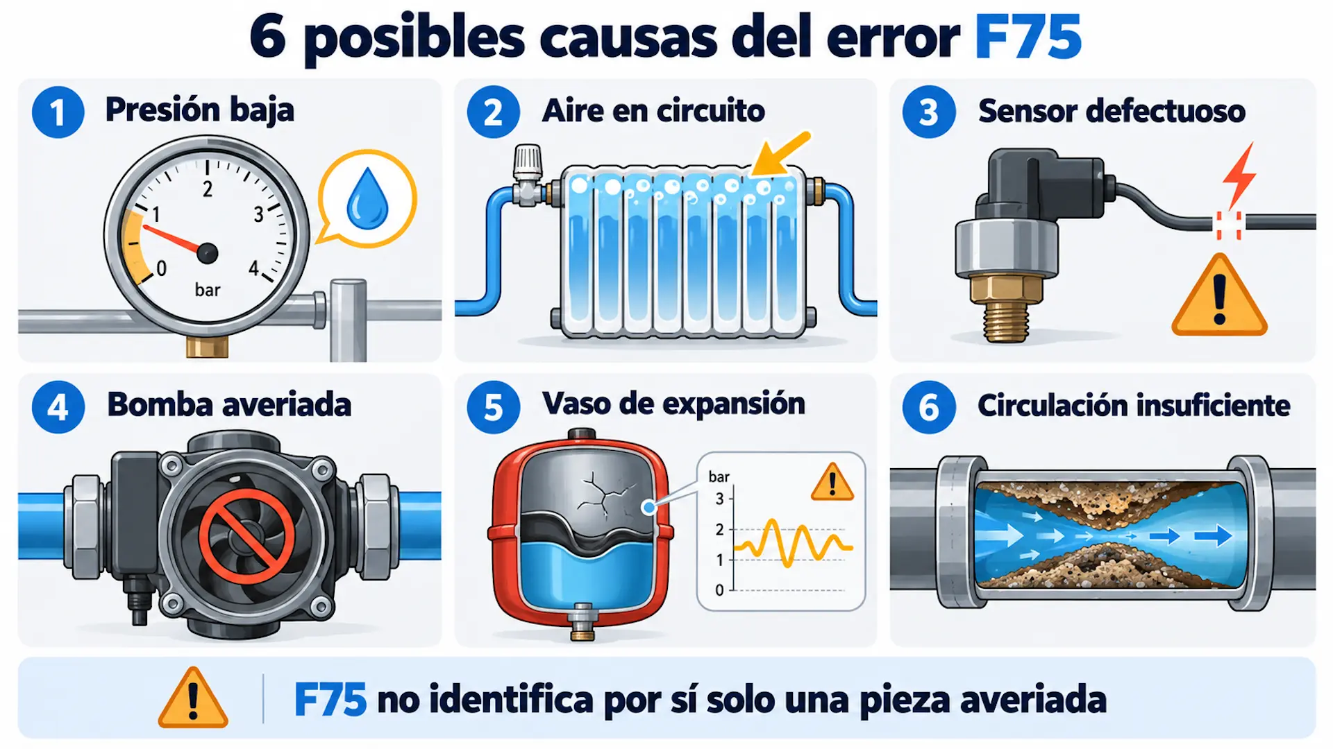 Error F75 Vaillant: causas, soluciones y cuánto cuesta repararlo Infografía con seis posibles causas del error F75 Vaillant: presión baja, aire, sensor, bomba, vaso de expansión y circulación insuficiente.