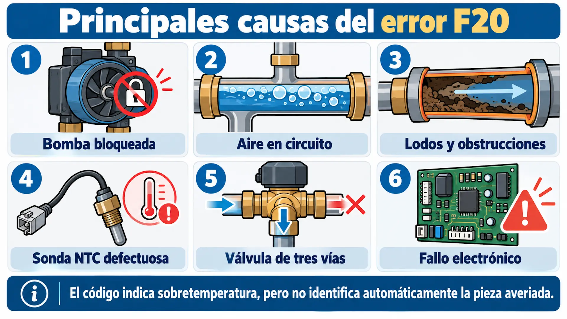 Error F20 Saunier Duval: qué significa y cómo solucionarlo Infografía de las posibles causas del error F20: bomba bloqueada, aire, lodos, sonda NTC, válvula de tres vías y fallo electrónico.