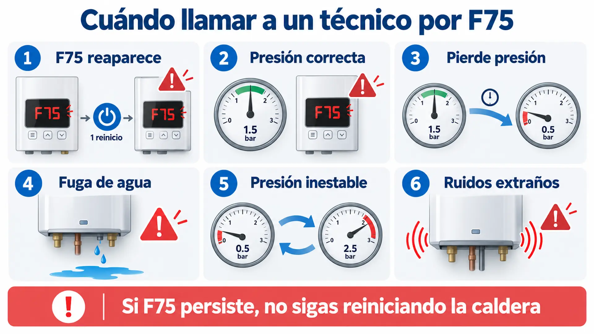Error F75 Vaillant: causas, soluciones y cuánto cuesta repararlo Infografía con seis señales para llamar a un técnico por F75: fallo recurrente, presión correcta, pérdidas de agua, presión inestable y ruidos.