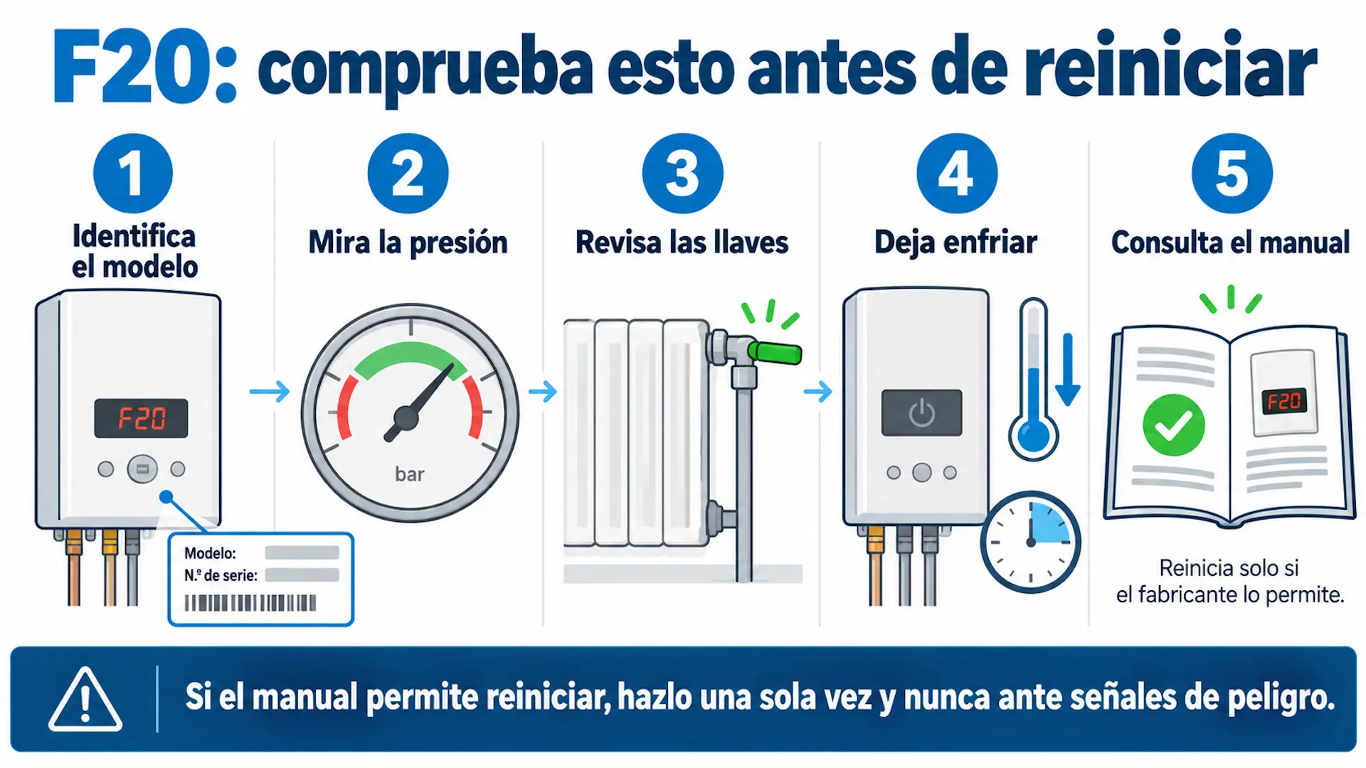 Error F20 Saunier Duval: qué significa y cómo solucionarlo Infografía con cinco comprobaciones ante el error F20: identificar el modelo, mirar la presión, revisar las llaves, dejar enfriar y consultar el manual.