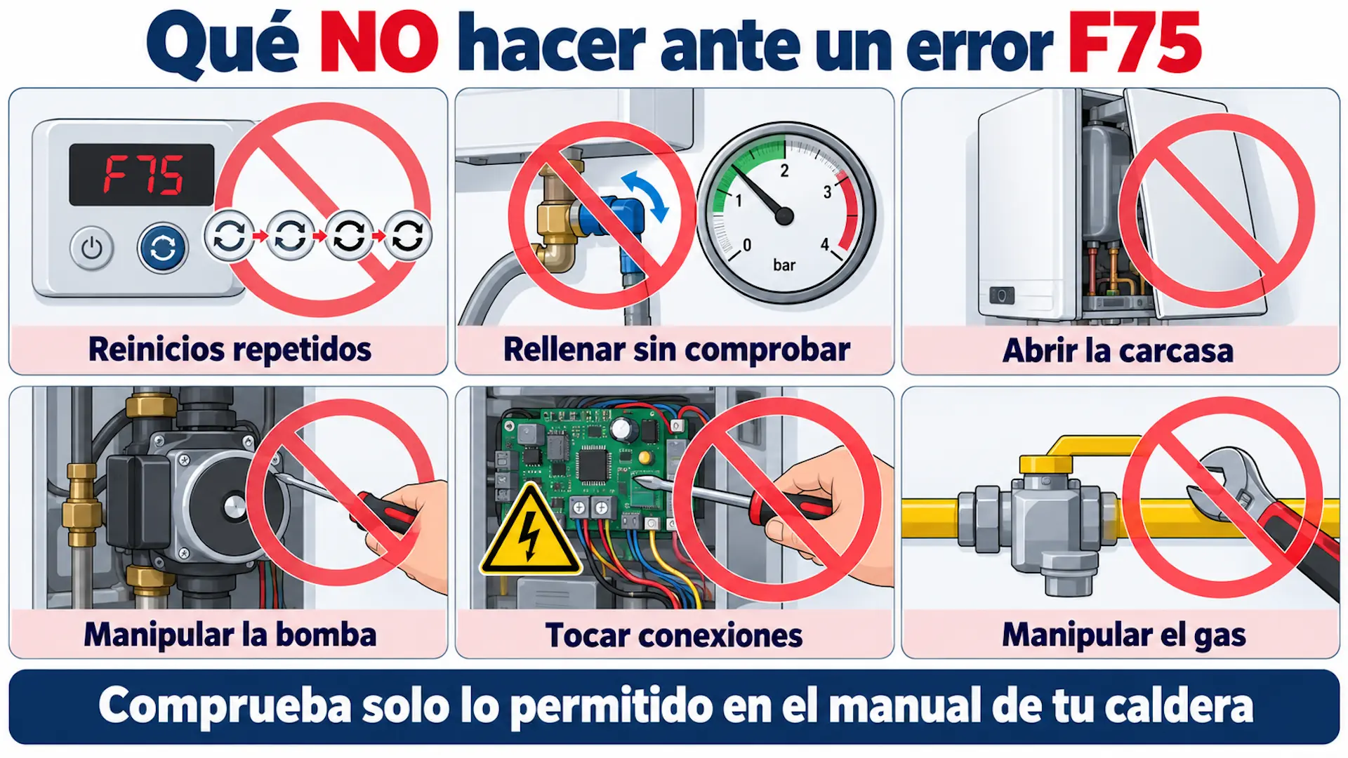 Error F75 Vaillant: causas, soluciones y cuánto cuesta repararlo Infografía de seis actuaciones prohibidas ante el error F75: reinicios repetidos, llenado innecesario y manipulación de componentes internos.